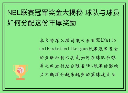 NBL联赛冠军奖金大揭秘 球队与球员如何分配这份丰厚奖励